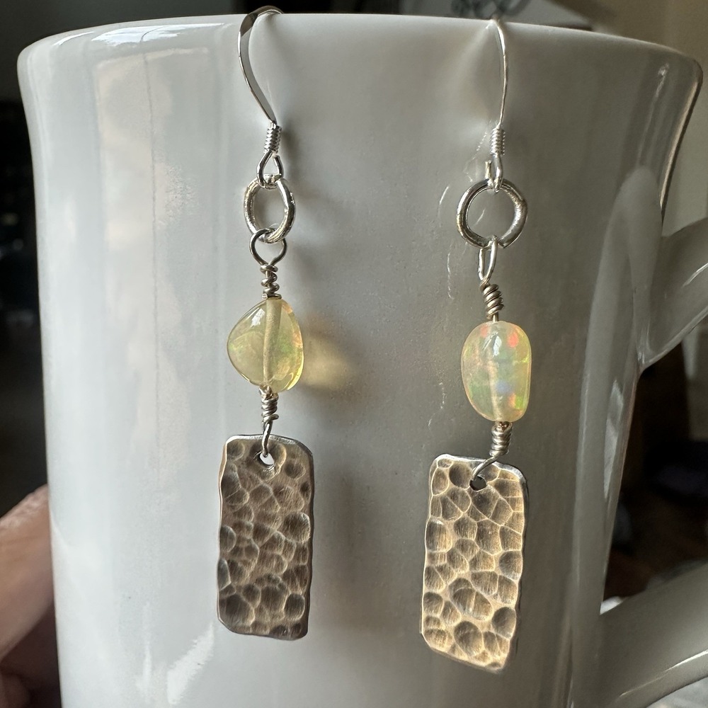 USA Artisan Hook Dangle Earrings 2" Welo Opal Bead Hammered 925 Sterling 3.7g
